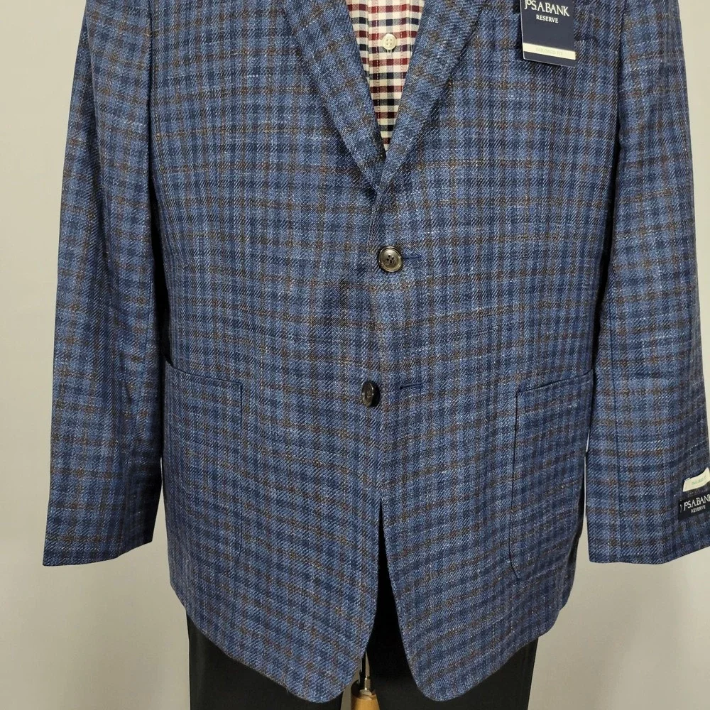 JOS A BANK Mens‎ Sport Coat Cotton Wool Silk Linen Navy Brown Checked 48R NEW